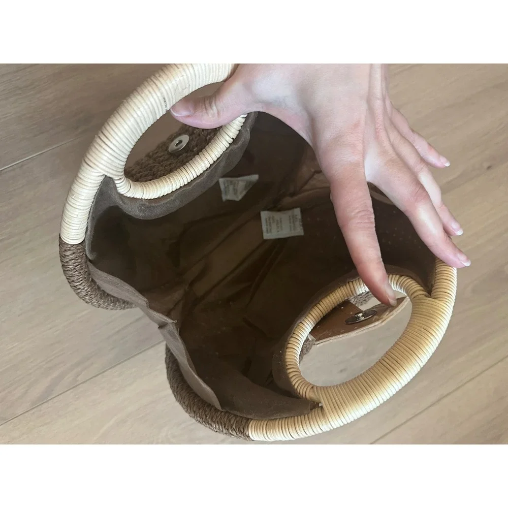 Woven Round Straw Handbag Brown Cream Rattan Ring Handle Boho Summer Circle Bag - Picture 4 of 6